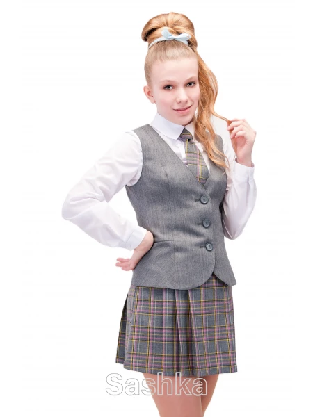 Жилет для дівчинки підлітка Sashka шкільний сірий з баскою (напіввовна), розмір 152-176